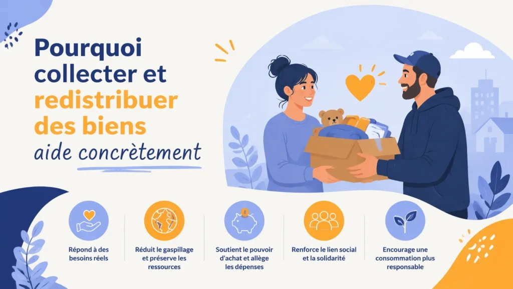 Illustration expliquant pourquoi collecter et redistribuer des biens aide concrètement : isolets sur les bénéfices : besoins, ressources, pouvoir d'achat, lien social, consommation responsable