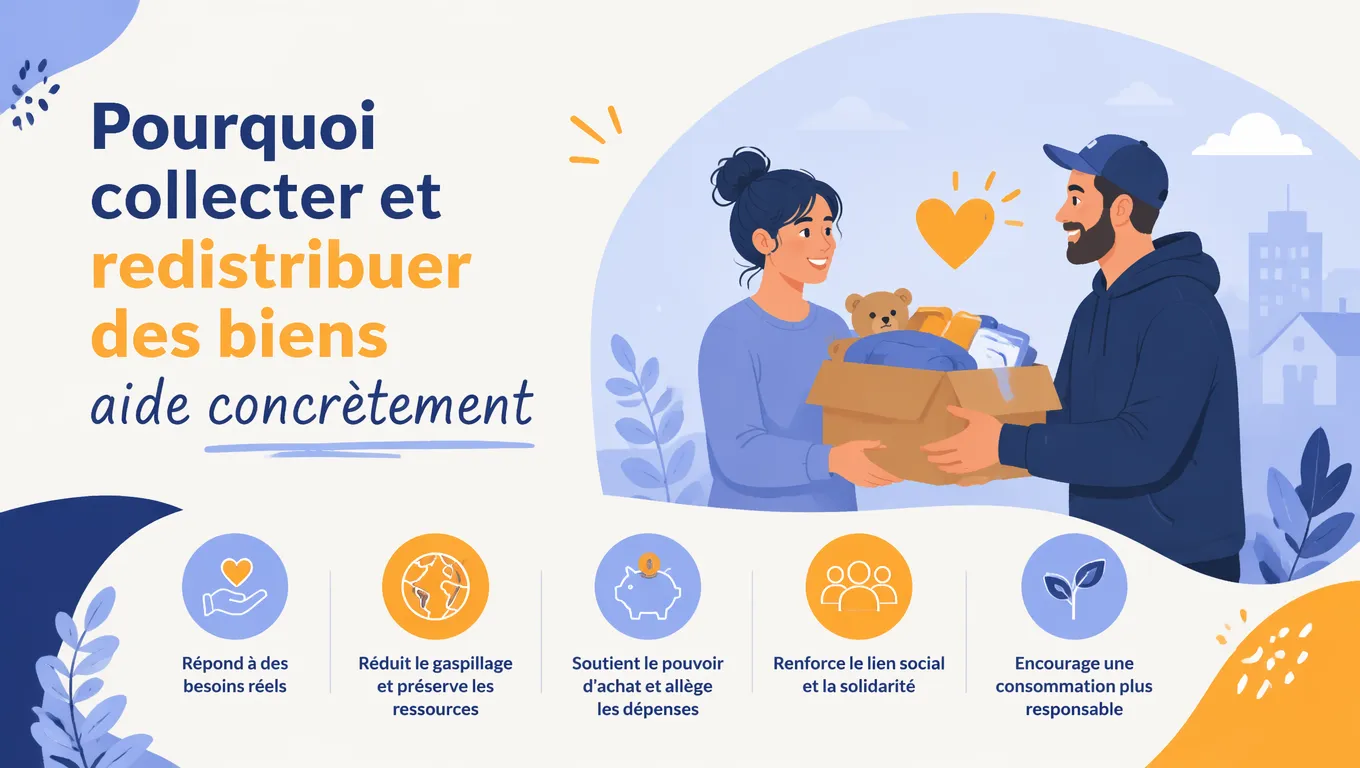 Illustration expliquant pourquoi collecter et redistribuer des biens aide concrètement : isolets sur les bénéfices : besoins, ressources, pouvoir d'achat, lien social, consommation responsable