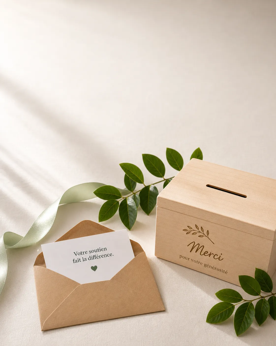 Urne en bois avec l'inscription "Merci pour votre générosité", accompagnée d'une enveloppe kraft ouverte avec une carte "Votre soutien fait la différence" et d'une petite branche feuillue.