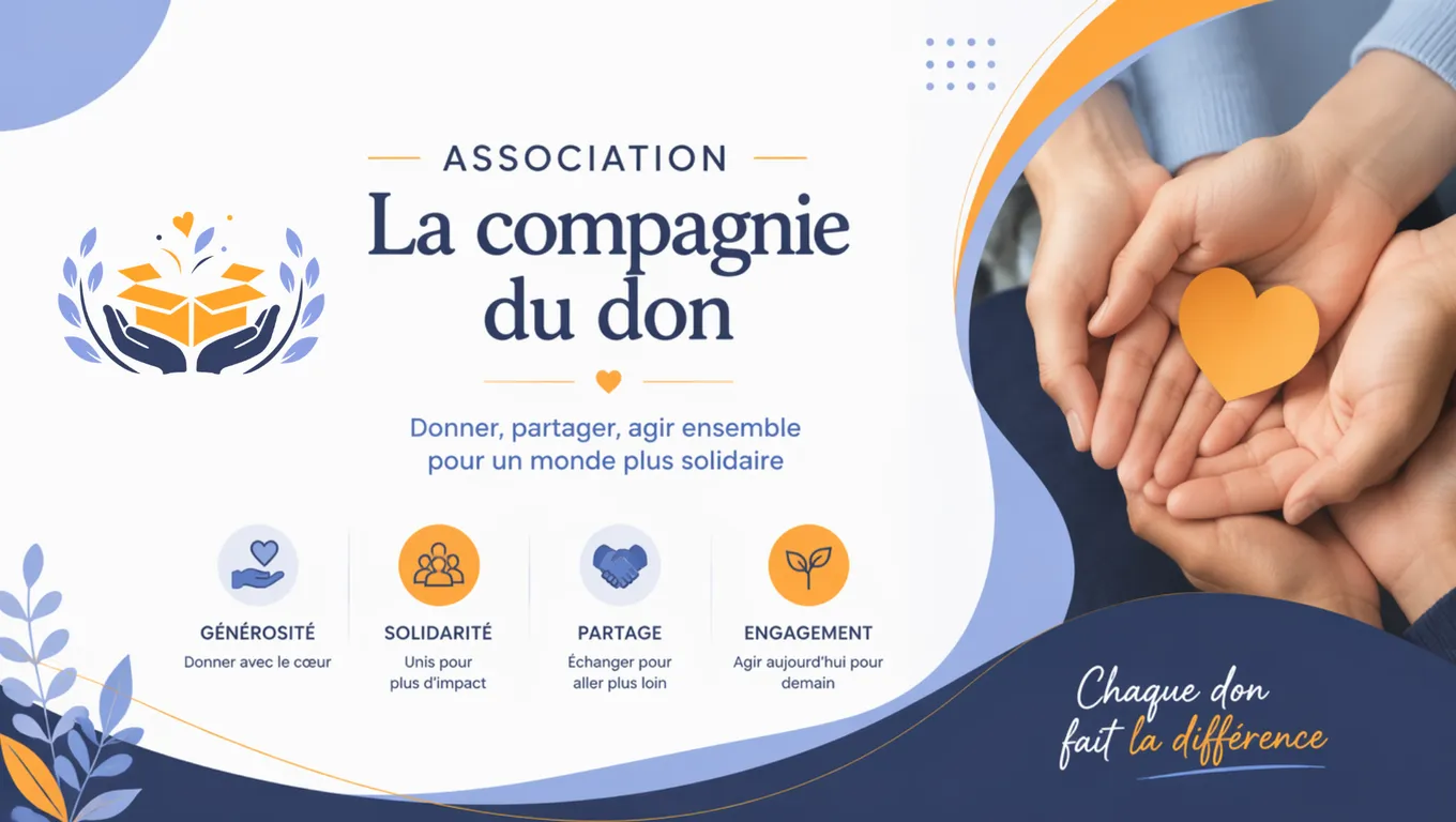 Logo de l'association 'La compagnie du don' avec quatre icônes représentant la générosité, la solidarité, le partage et l'engagement, et le slogan "Chaque don fait la différence".
