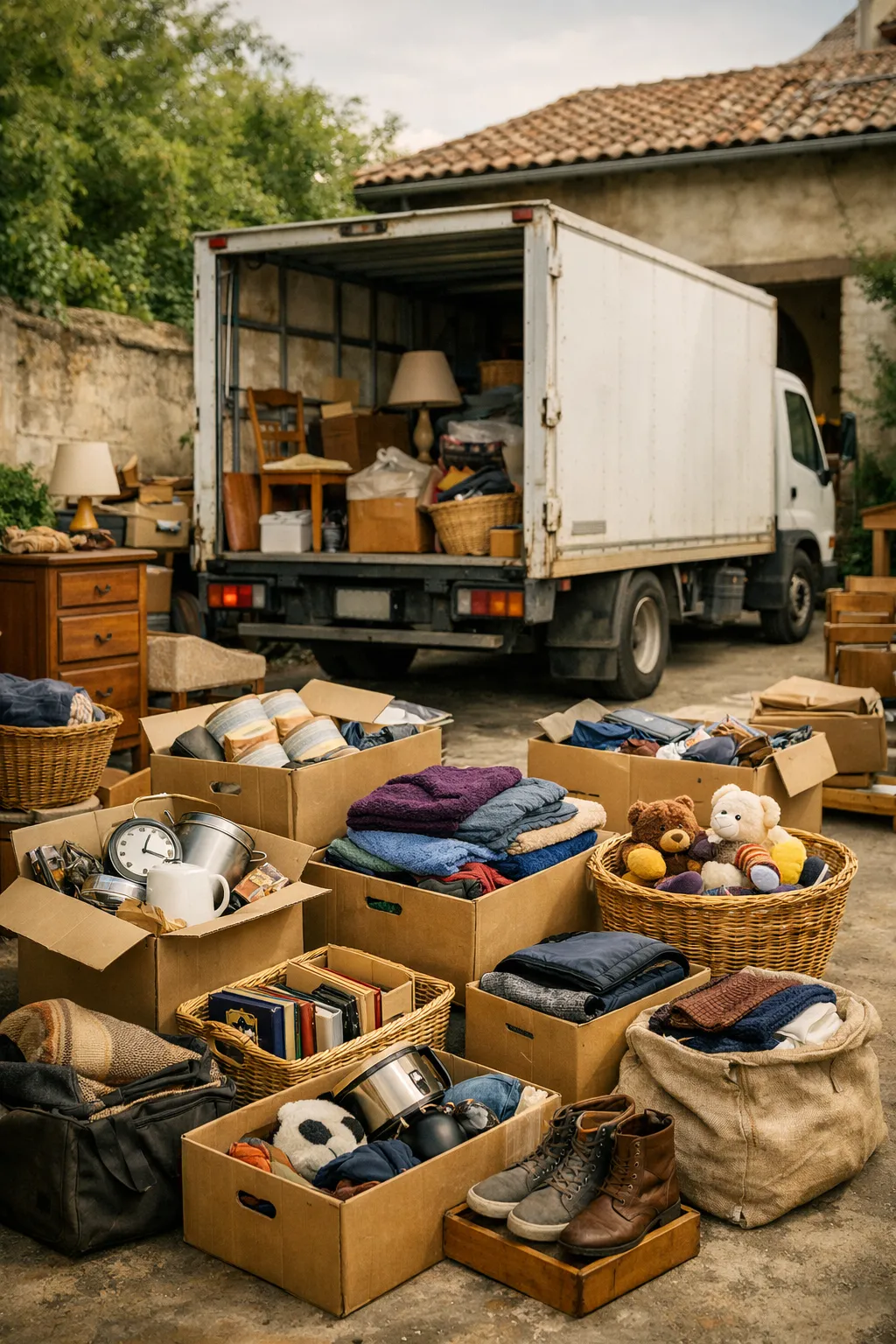 Vue extérieure d'un camion de déménagement chargé d'objets, avec des cartons de vêtements, de livres, de lampes et d'ours en peluche disposés devant.