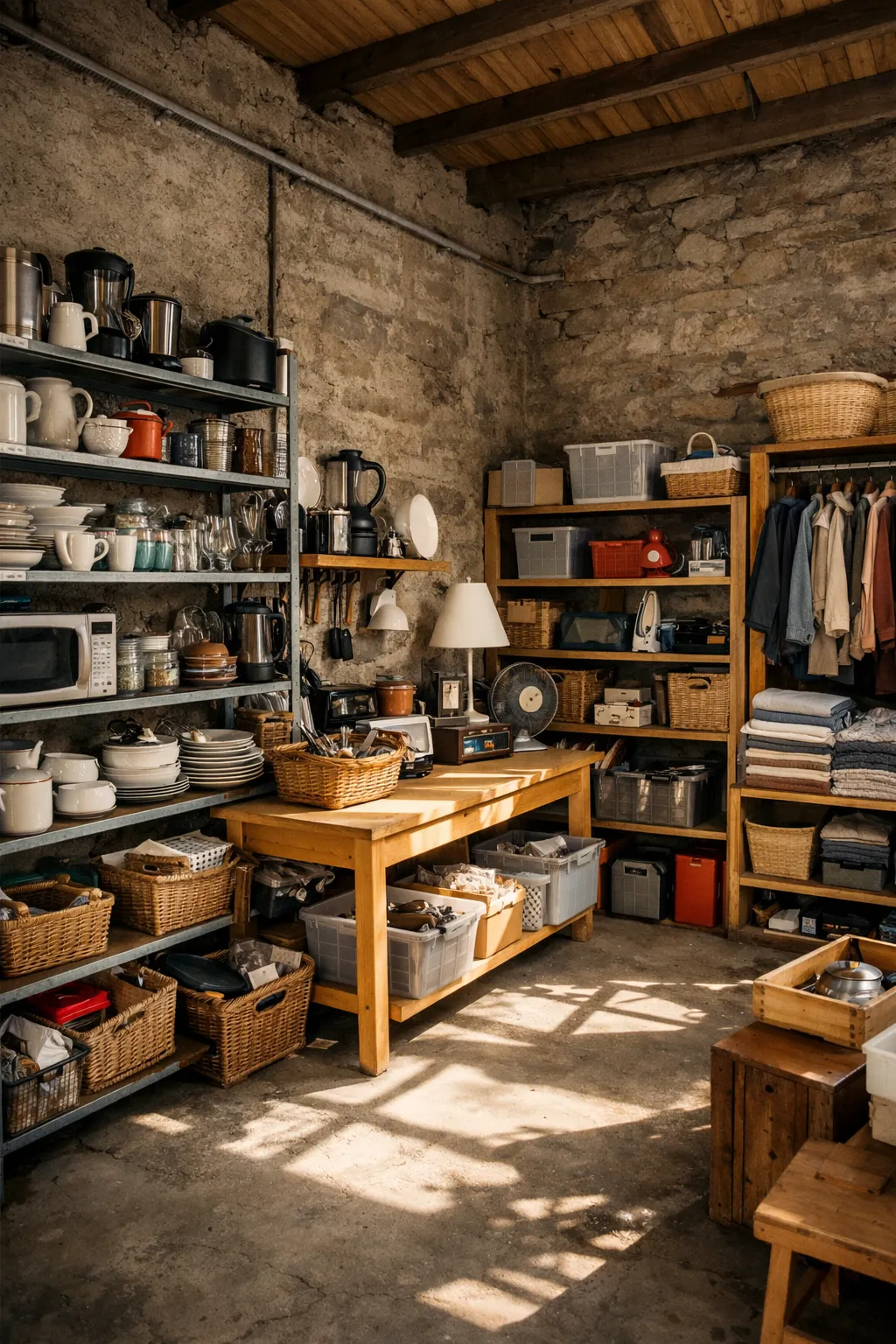 Atelier de rangement avec étagères chargées de vaisselle, appareils, paniers et vêtements pliés. Un établi en bois est éclairé par la lumière du soleil au centre.
