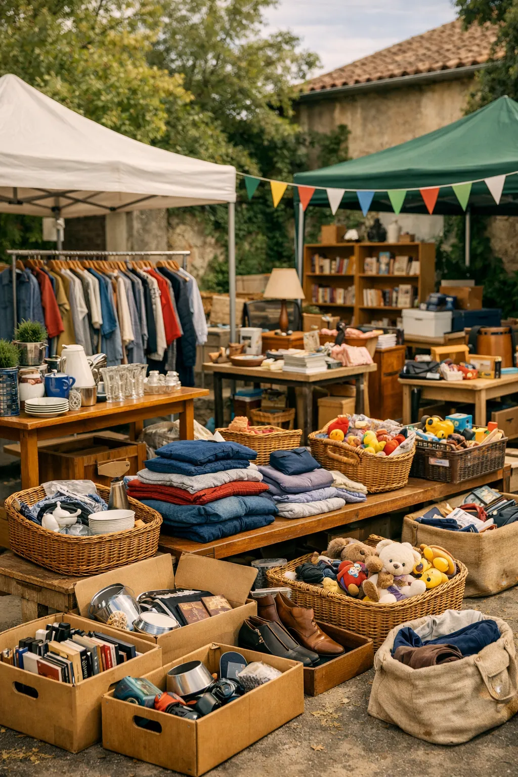 Image d'une brocante en plein air avec des vêtements, des jouets, des livres et des objets de décoration disposés sur des tables et dans des paniers.